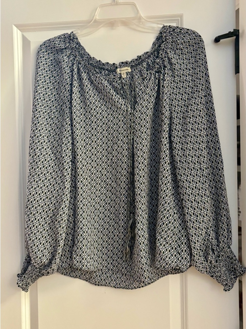 Max Studio Navy & White Printed Peasant Blouse